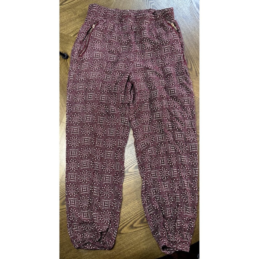 Breeze Ever Joggers Medium Burgundy Pants Asymmetrical Gold Zip Pockets Womens